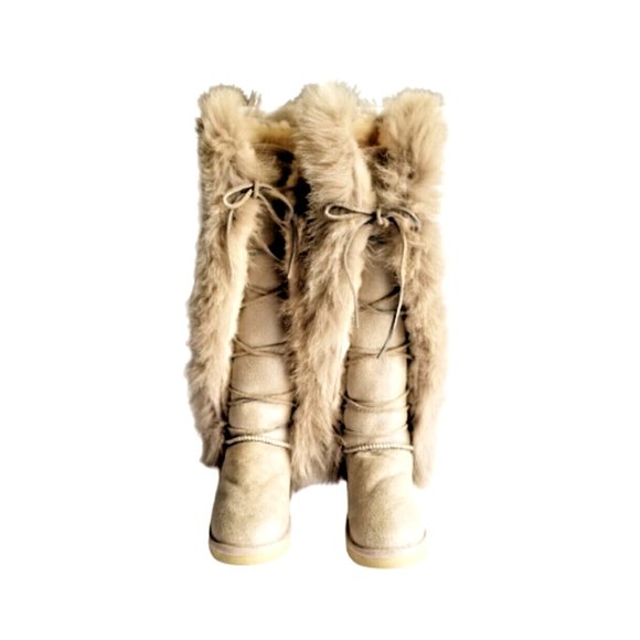 MOU Tall Winter Boots Stone Metallic Sheepskin Fur Trim Lace Up Sz 36 XS US 5 - Picture 2 of 13